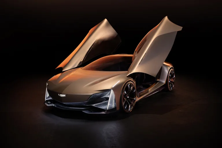 캐딜락 오퓰런트 벨로시티 콘셉트 Front 3/4 view of Cadillac Opulent Velocity concept vehicle with open butterfly doors.