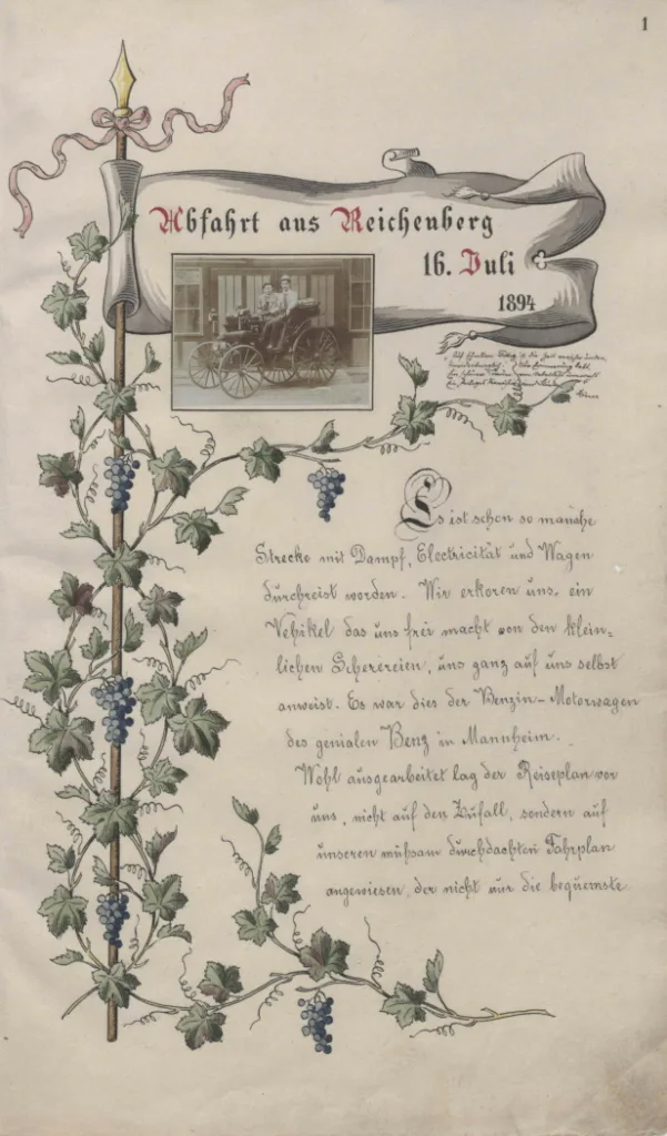 Erinnerungen Theodor von Liebiegs an die Reise mit dem Benz Victoria von Böhmen an die Mosel und zurück im Jahr 1894. Seite mit der Beschreibung der Abfahrt in Reichenberg am 16. Juli 1894. Memories of Theodor von Liebieg’s journey with the Benz Victoria from Bohemia to the Moselle and back in 1894. Page describing the departure from Reichenberg on 16 July 1894.