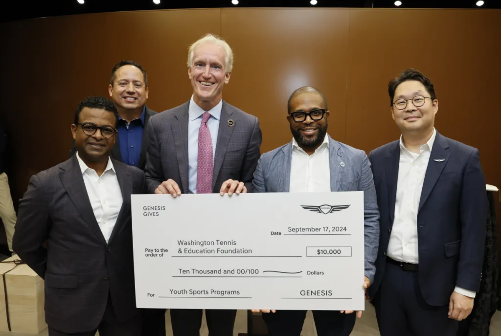 (left to right) Tedros Mengiste, vice president, sales operations, Genesis Motor America, Brandon Ramirez, director, corporate social responsibility, Genesis Motor America, Kevin Reilly, owner and president, Genesis of Alexandria, John Borden, president and chief executive officer, Washington Tennis & Education Foundation, Jacob Hong, chief executive coordinator, Genesis Motor America in Alexandria, Va. on September 17, 2024 (Photo/Genesis)