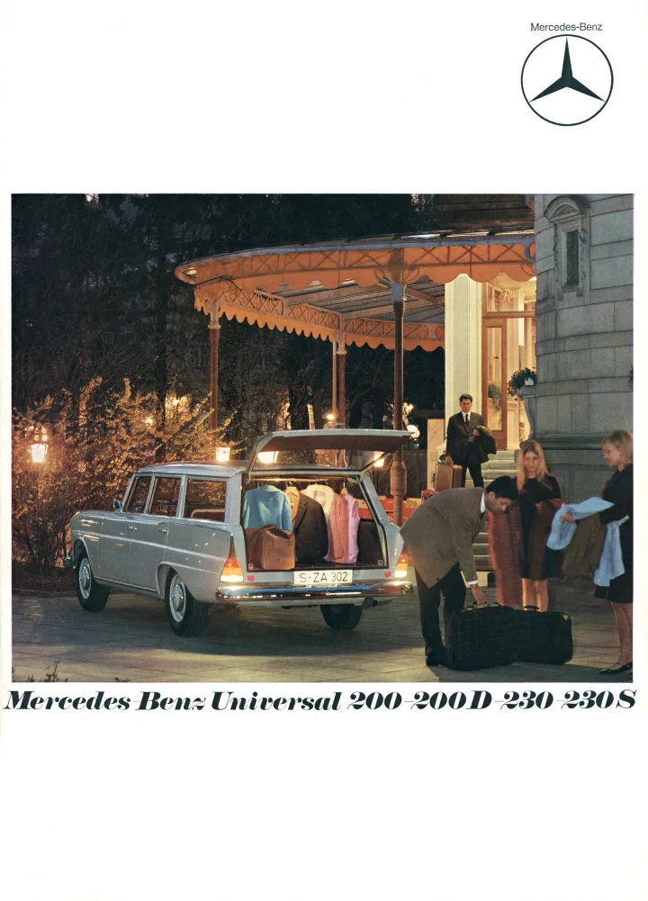 메르세데스-벤츠, Mercedes-Benz Universal (1965 bis 1968) Werbeanzeige aus dem Jahr 1966 für die Typen 200 200 D 230 und 230 S. (Fotosignatur der Mercedes-Benz Classic Archive: 2003DIG436) Mercedes-Benz Universal (1965 to 1968) advertisement from 1966 for the 200 200 D 230 and 230 S models. (Photo index number in the Mercedes-Benz Classic Archive: 2003DIG436)
