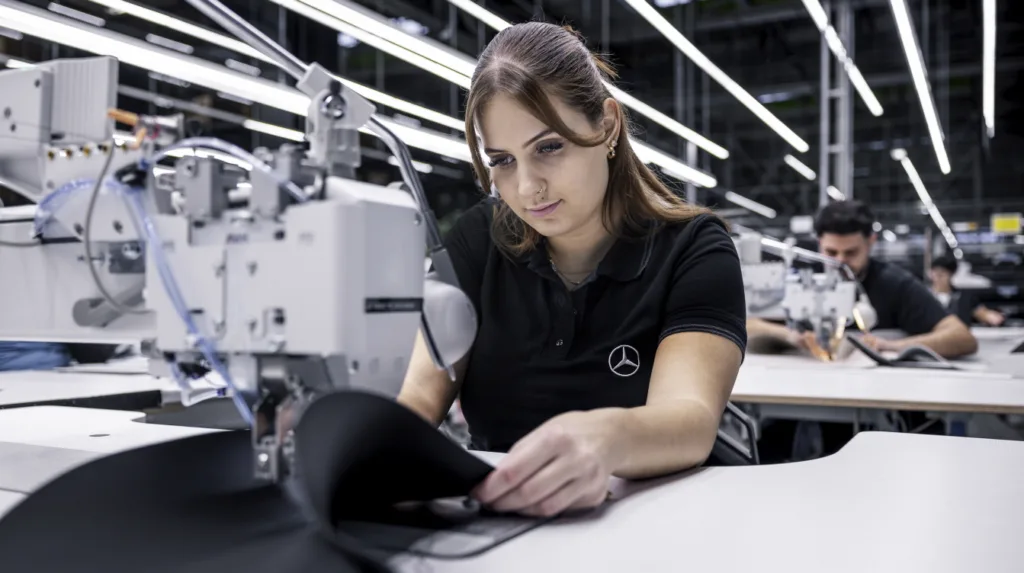 메르세데스-벤츠 마누팍투어 스튜디오 Handwerkskunst auf höchstem Niveau: Geschickte Hände sind in der MANUFAKTUR Sindelfingen die wertvollsten Werkzeuge: Spezialisten mit umfangreicher Erfahrung Beledern, Schneiden, Besticken oder Nähen in akribischer Präzision. Craftsmanship at the highest level: Skilled hands are the most valuable tools in the MANUFAKTUR Sindelfingen. Specialists with extensive experience meticulously upholster, cut, embroider, or sew with meticulous precision.