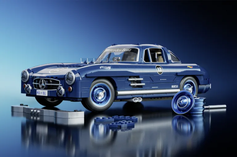메르세데스-벤츠 300 SL 핫휠즈 (An icon as a building block model: The Mercedes-Benz 300 SL on a scale of 1:12 from Mattel Brick Shop)