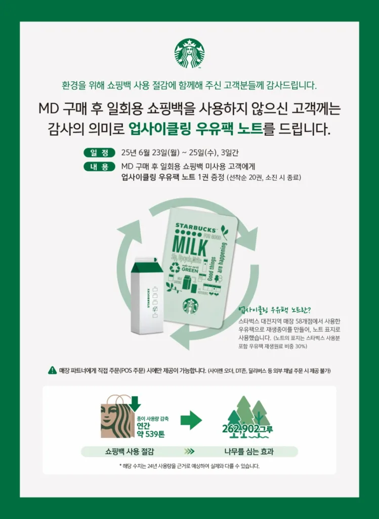 스타벅스, 단 3일간 일회용 봉투 안쓰면 '우유팩 업사이클링 노트' 준다 3 스타벅스-사진자료1_지구를-위한-가치-있는-같이-스타벅스-업사이클링-우유팩-노트-증정