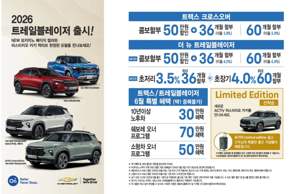 쉐보레 6월 프로모션 시작, 최대 60개월 할부에 유류비 지원 추가 1 쉐보레 6월 특별 구매 혜택