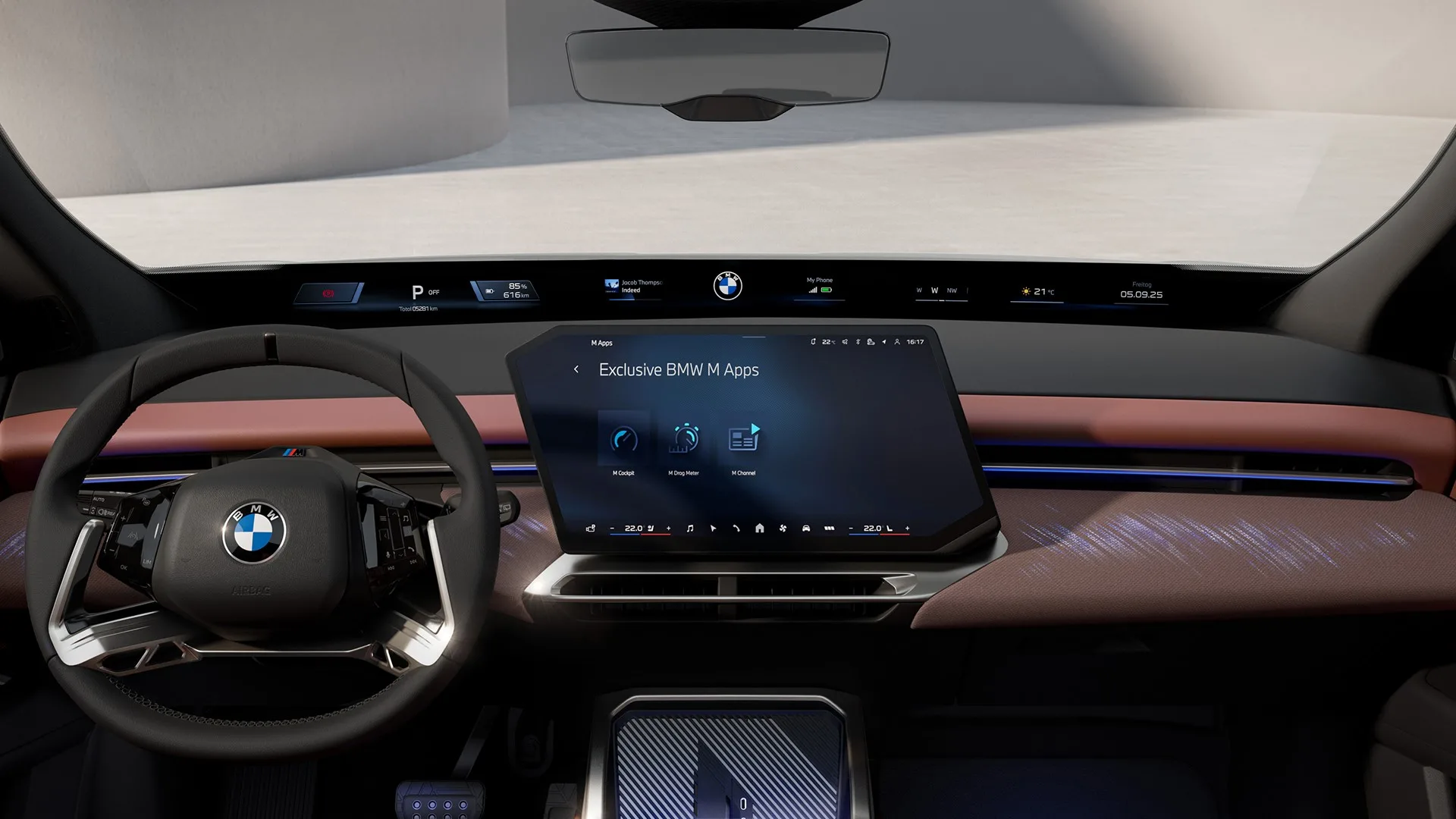 The image displays a BMW vehicle interior featuring a digital dashboard with customizable apps including a drag meter, cockpit, and channel, highlighting advanced in-car technology and user interface design.