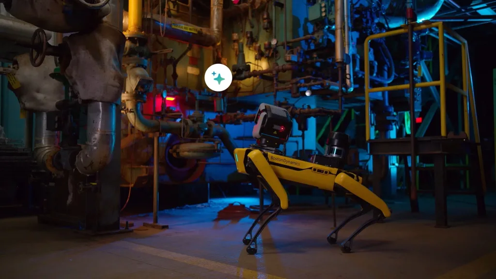 사진5 스팟이 산업 현장에서 온도 게이지Gauge를 확인하는 장면 https://mobilityground.com/wp-content/uploads/2026/04/사진2-스팟이-바닥에-널브러진-신발을-집어-올리는-장면.webp